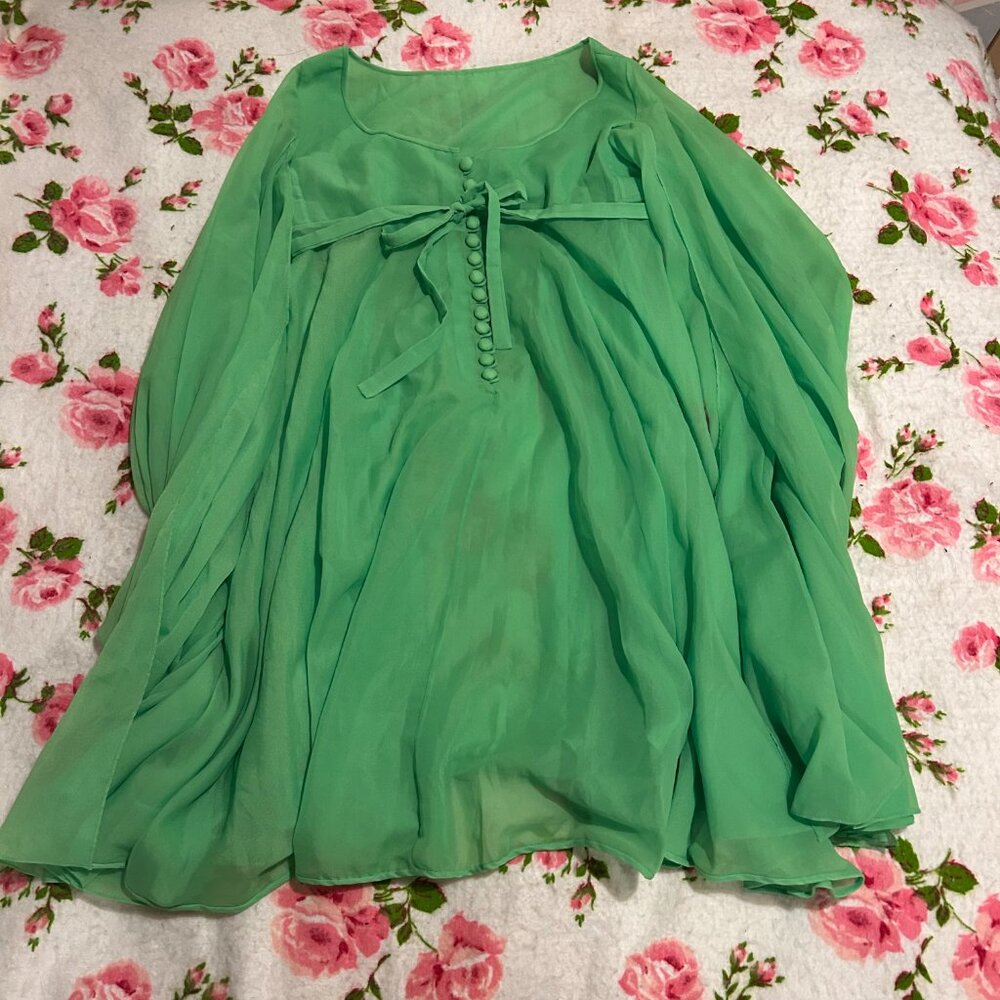 Nina Ricci 1960s neon green chiffon babydoll butterfly bellsleeve mini night gow - Picture 13 of 13